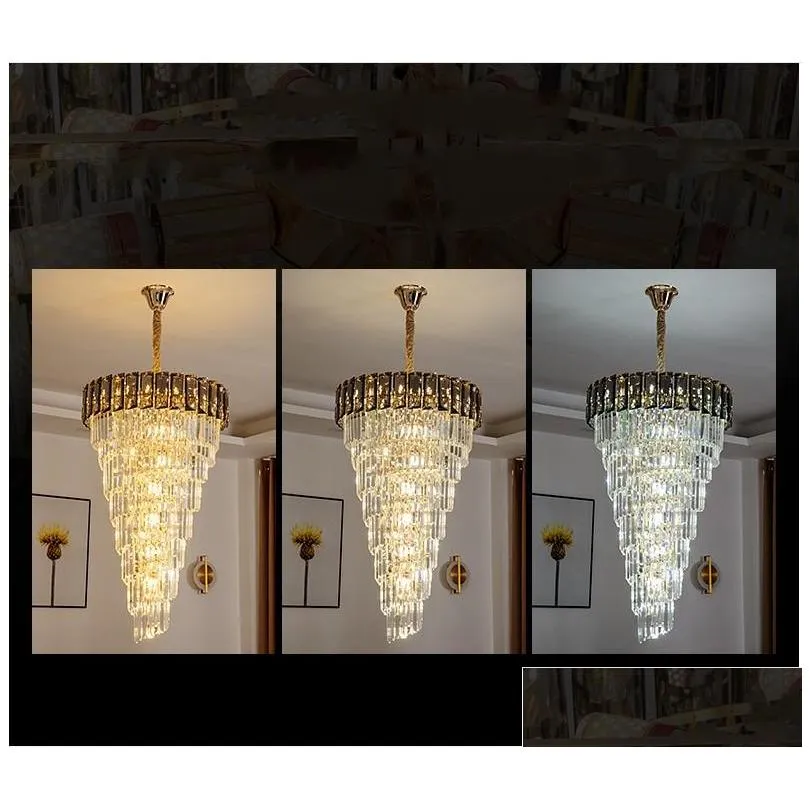 led e14 luxury crystal golden long chandelier duplex building hollow hanging light fixture large lamp modern villa hall stairs