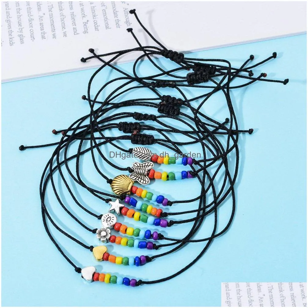 wholesale bohemian rainbow pearl shell butterfly bracelet black rope braided knitting handchain adjustable bracelet shipping