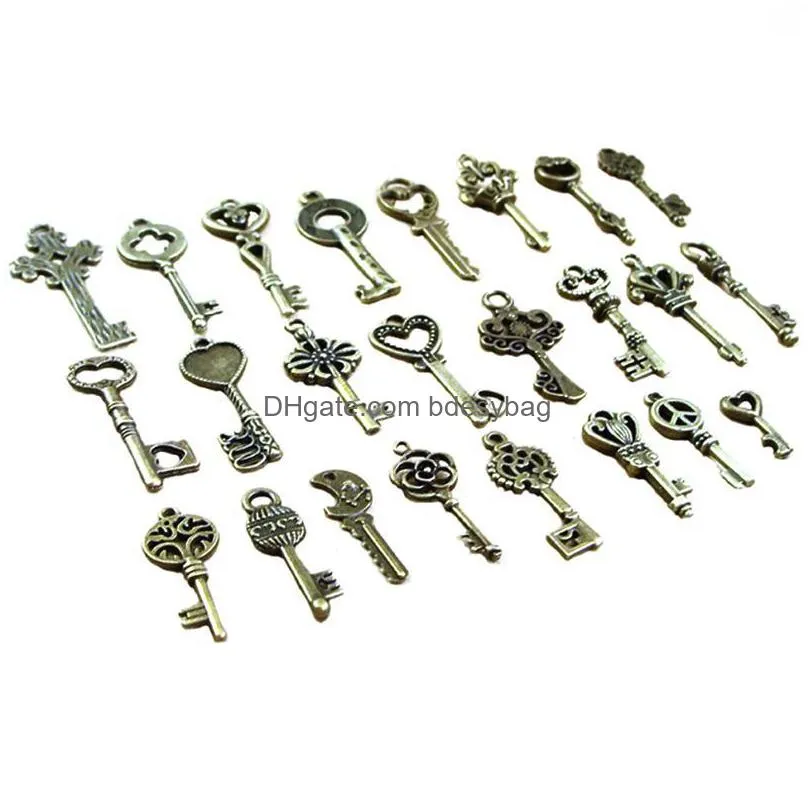 charms 40pcs/1 set fancy heart bow necklace pendant antique vintage old look bronze skeleton keyscharms