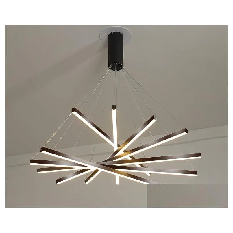 black stair chandelier lamp simple modern duplex building highrise empty living room hall creative personality long led line