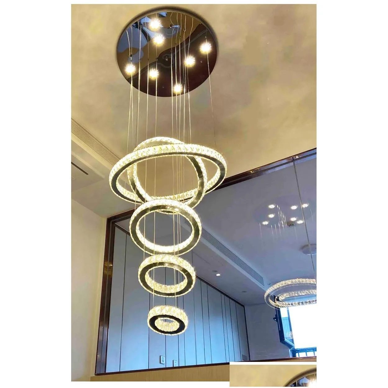 large luxury crystal led chandelier lighting fixture 5 rings circle led crystal pendant hanging lamp stair hall dimming lustres