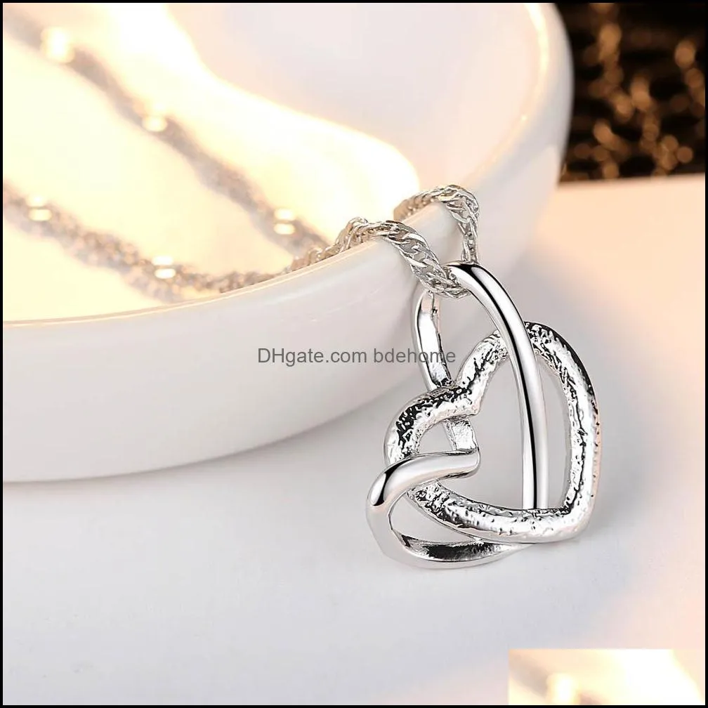 silver plated double heart pendant necklace collarbone elegant lady necklace