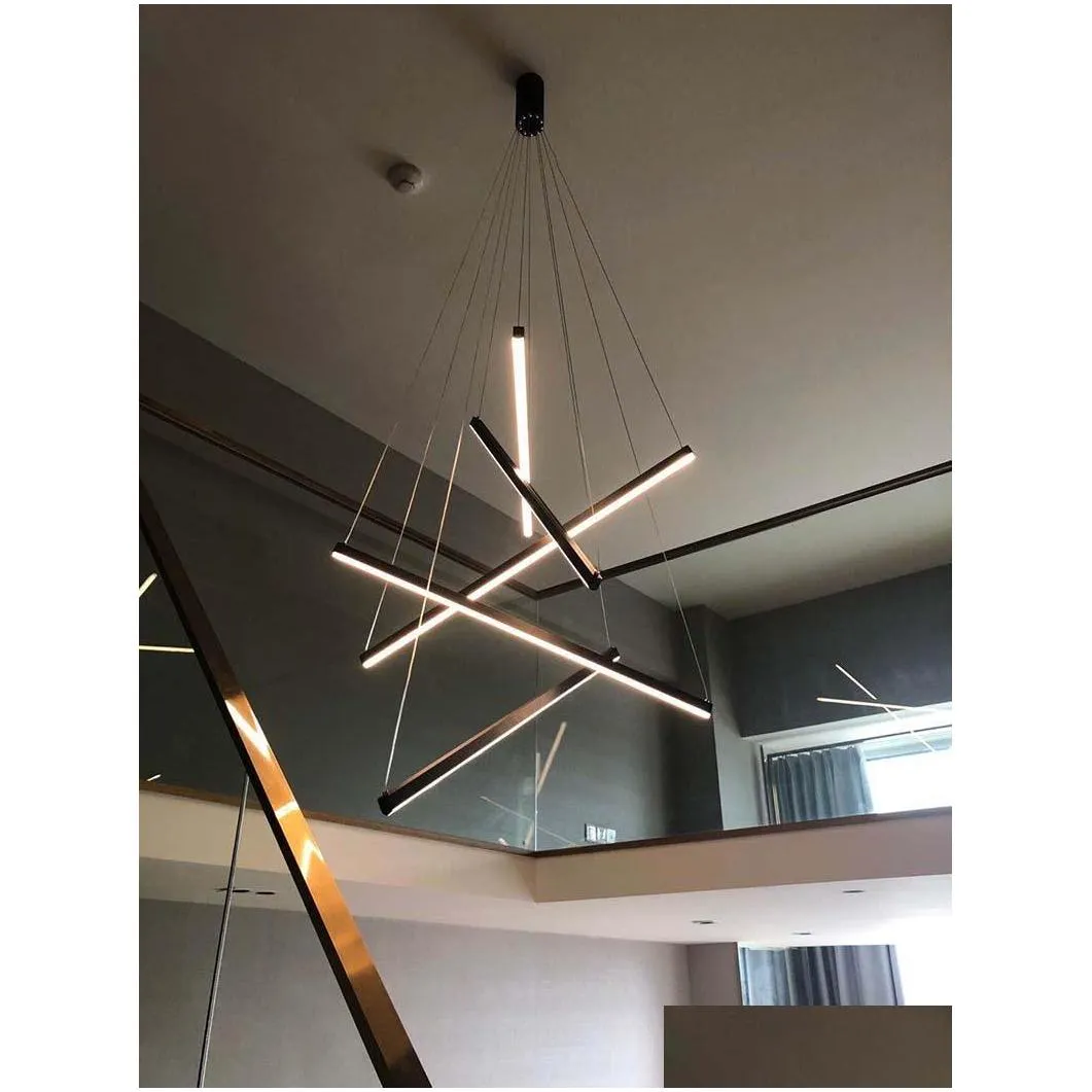 black stair chandelier lamp simple modern duplex building highrise empty living room hall creative personality long led line