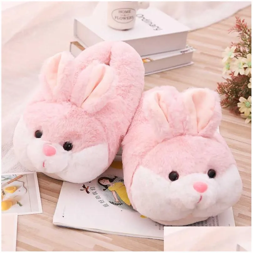 house fluffy women slippers cute cartoon pink bunny girls fur slides bedroom indoor rabbits warm plush ladies casual shoes 210903