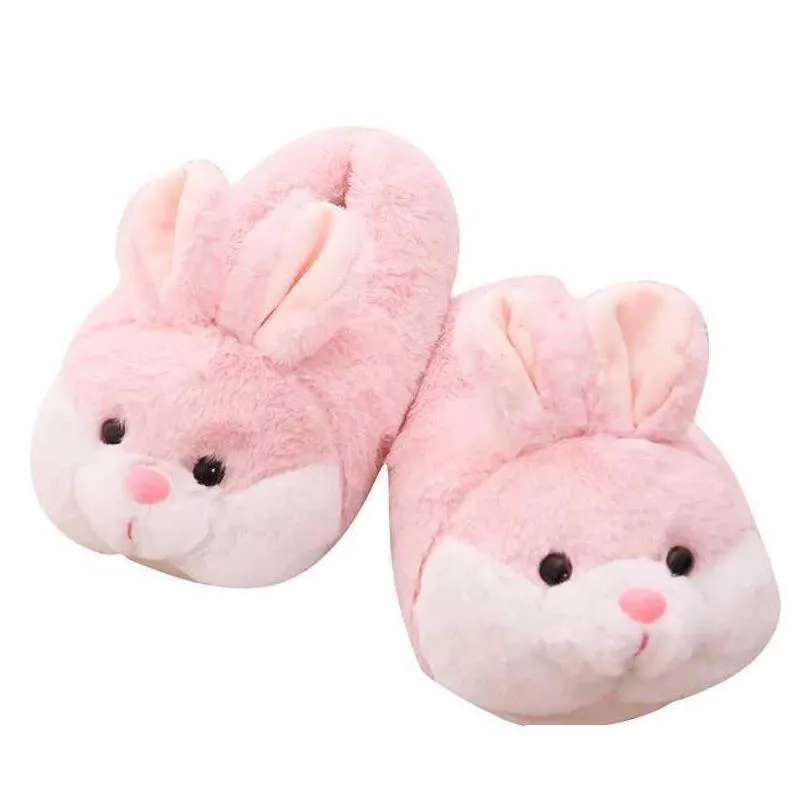 house fluffy women slippers cute cartoon pink bunny girls fur slides bedroom indoor rabbits warm plush ladies casual shoes 210903