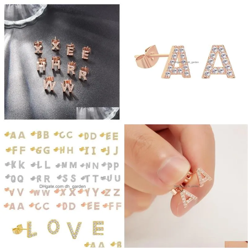 hot selling 26 letter copper inlaid zircon stud earrings rose gold temperament small letter ear accessories capital letters earring