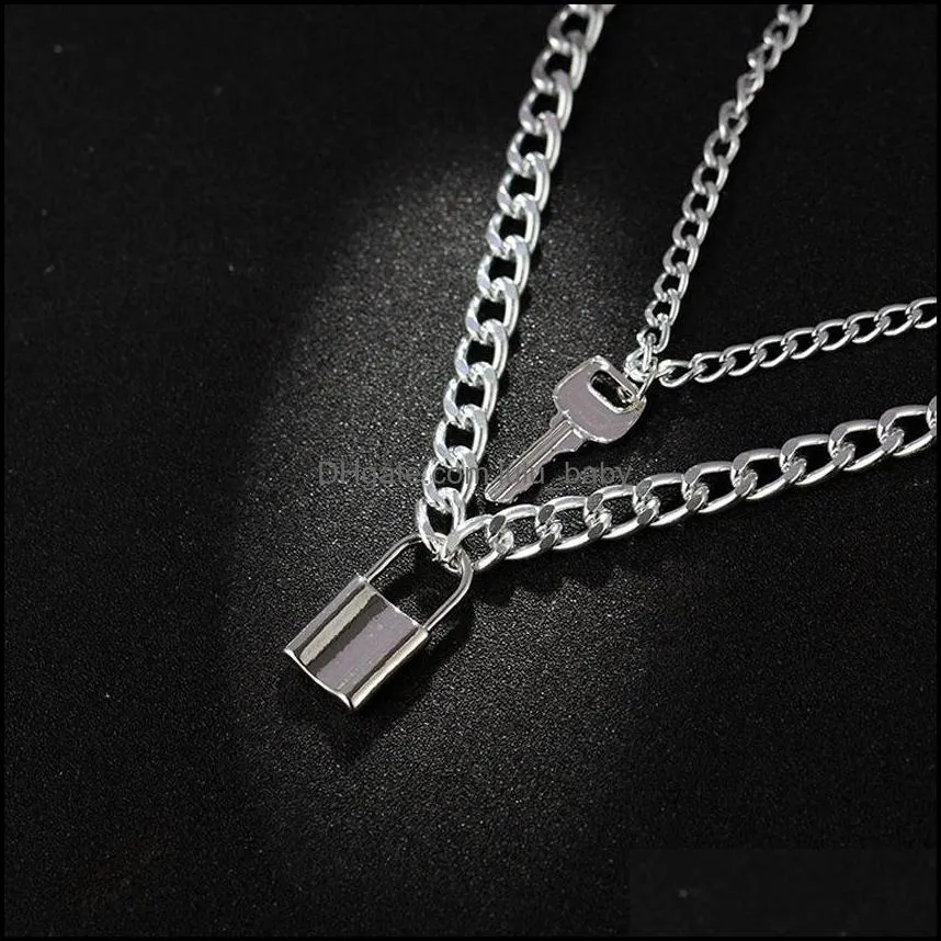 creative fashion geometric element necklace versatile retro multilevel key lock pendant chain necklace women
