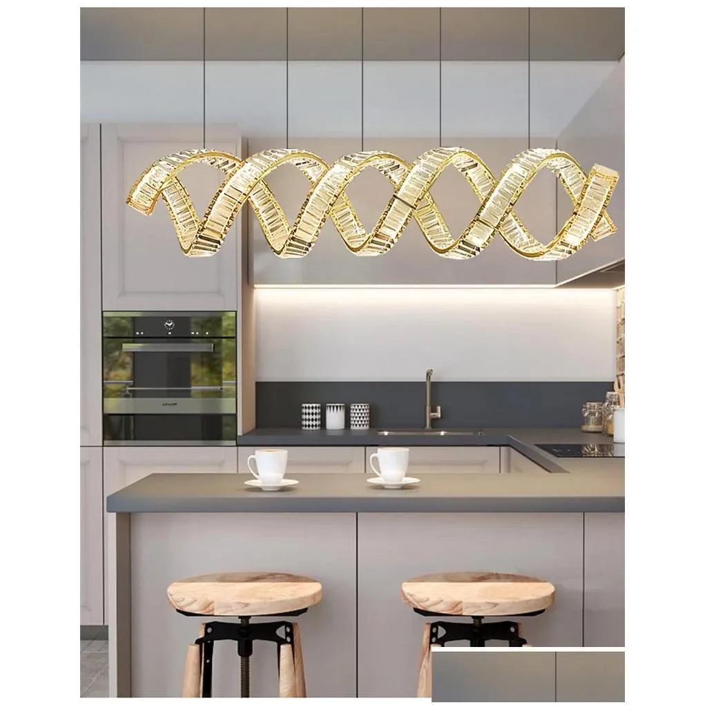 modern luxury led chandeliers pendant lights wave steel lustre crystal lamp dining table suspend lamp indoor drop light fixtures