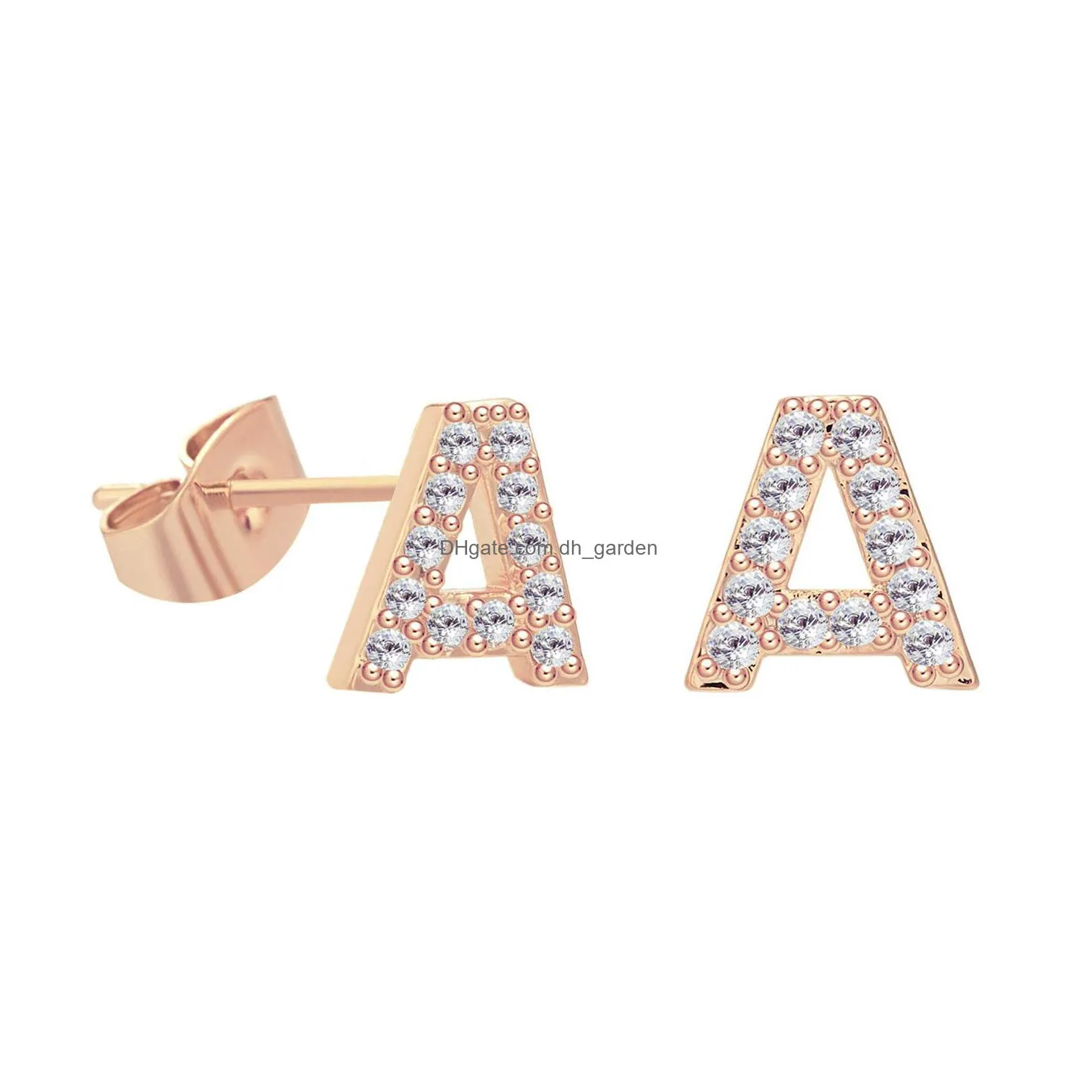 hot selling 26 letter copper inlaid zircon stud earrings rose gold temperament small letter ear accessories capital letters earring