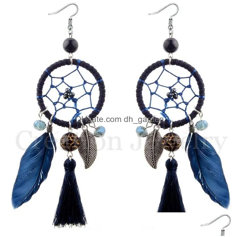 wholesale bohemia fashion dream catcher tassel feather earrings beige/blue/red/black/pink /coffee/khaki/green/gray drop earrings for