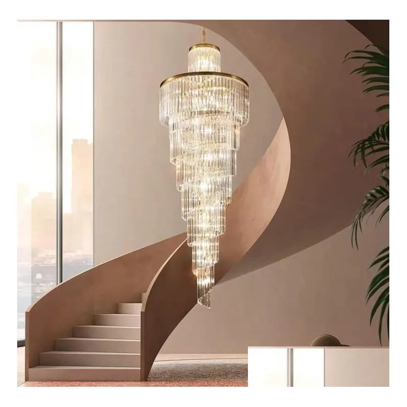 modern top luxury crystal chandelier lighting for staircase long gold light fixtures large hallway indoor stair led cristal lamp