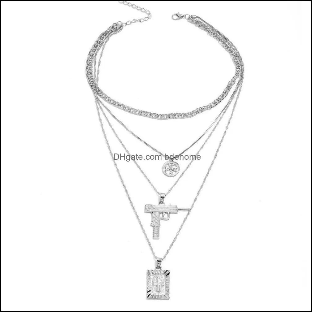 multilayer necklaces for women gun cross pendant necklace color gold silver long link chain choker necklace