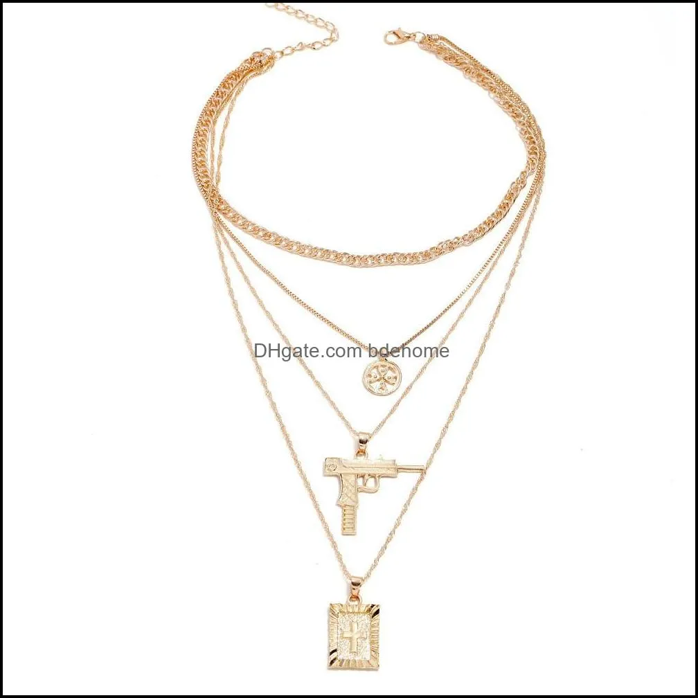 multilayer necklaces for women gun cross pendant necklace color gold silver long link chain choker necklace
