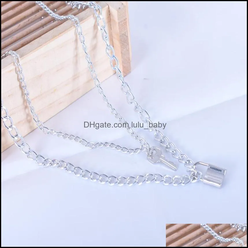 creative fashion geometric element necklace versatile retro multilevel key lock pendant chain necklace women