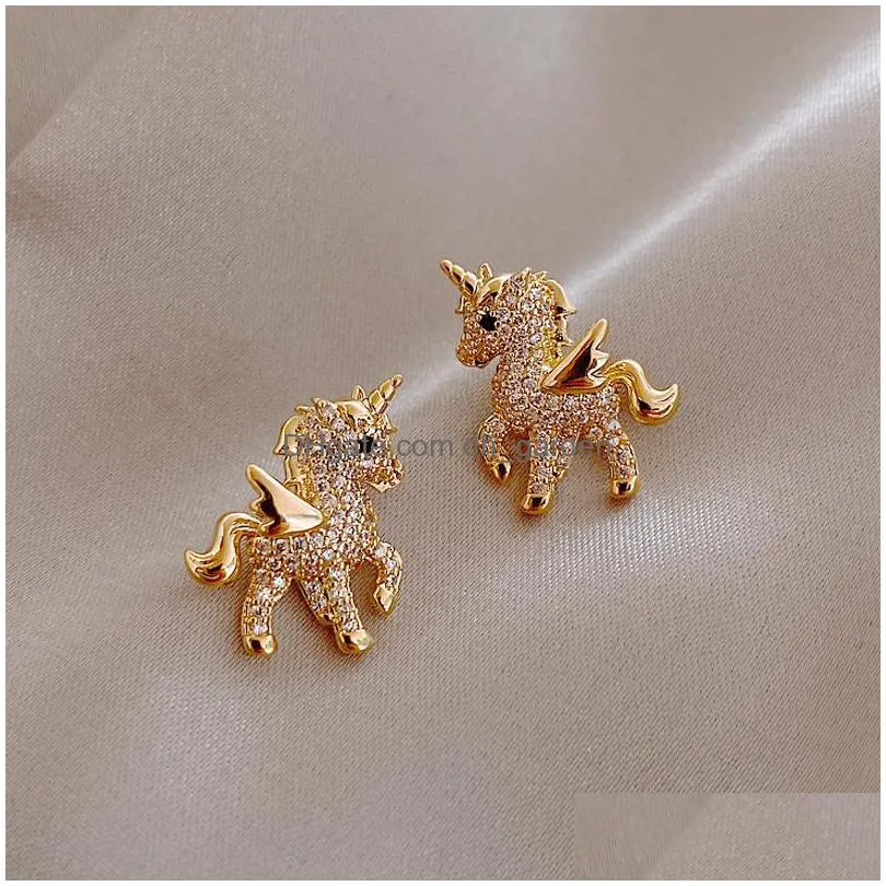 high quality alloy stud full diamond pony wings earrings ear cute owl bird pearl earring for women