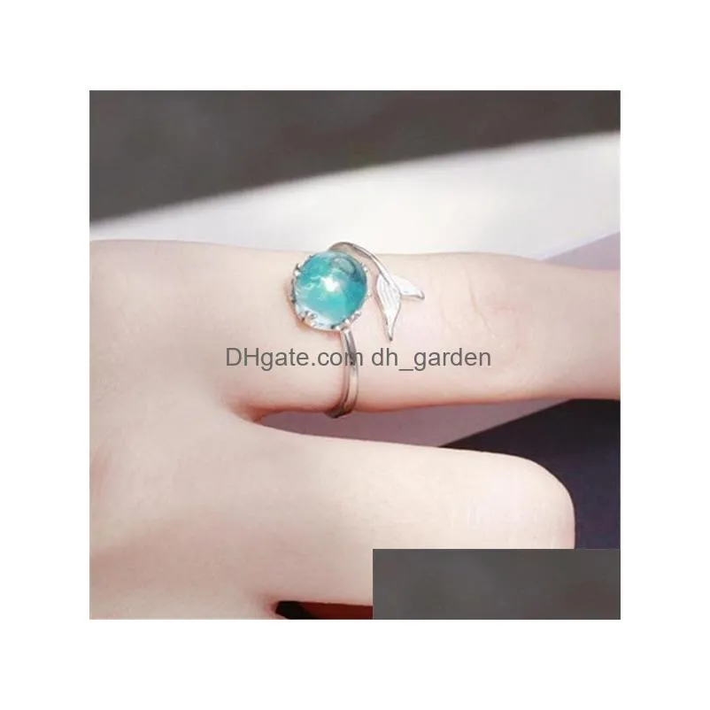 wholesale silver plated mermaid foam ring tik tok the same blue crystal fish tail adjustable ring 