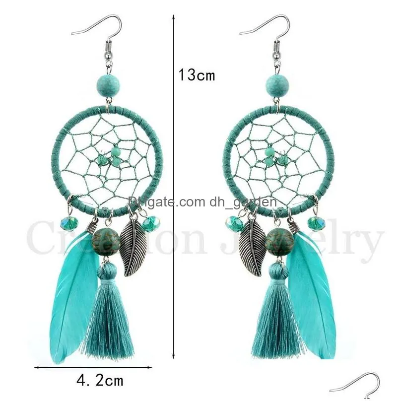 wholesale bohemia fashion dream catcher tassel feather earrings beige/blue/red/black/pink /coffee/khaki/green/gray drop earrings for