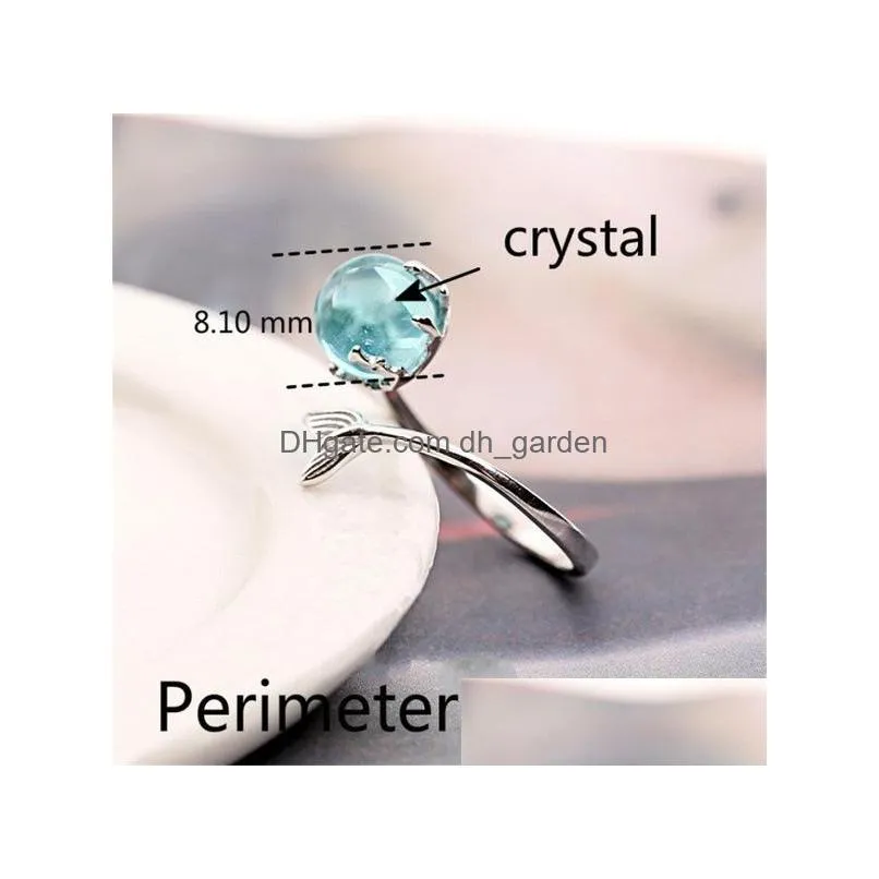 wholesale silver plated mermaid foam ring tik tok the same blue crystal fish tail adjustable ring 