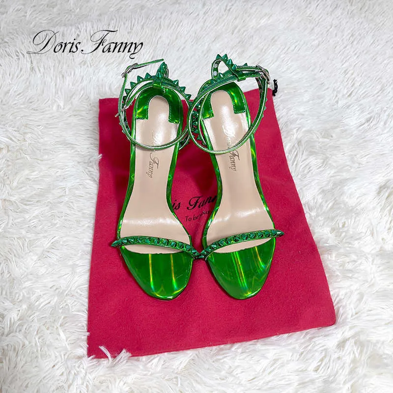 Sandals Doris Fanny Summer Shoes Woman Sandals Green High Heels Women Ankle Strap Sexy Studs Genuine Leather Women Sandals T230208