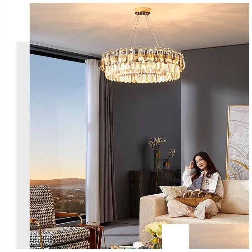 led modern round golden iron clear gray crystal chandelier oval light lustre suspension luminaire lampen for dinning room