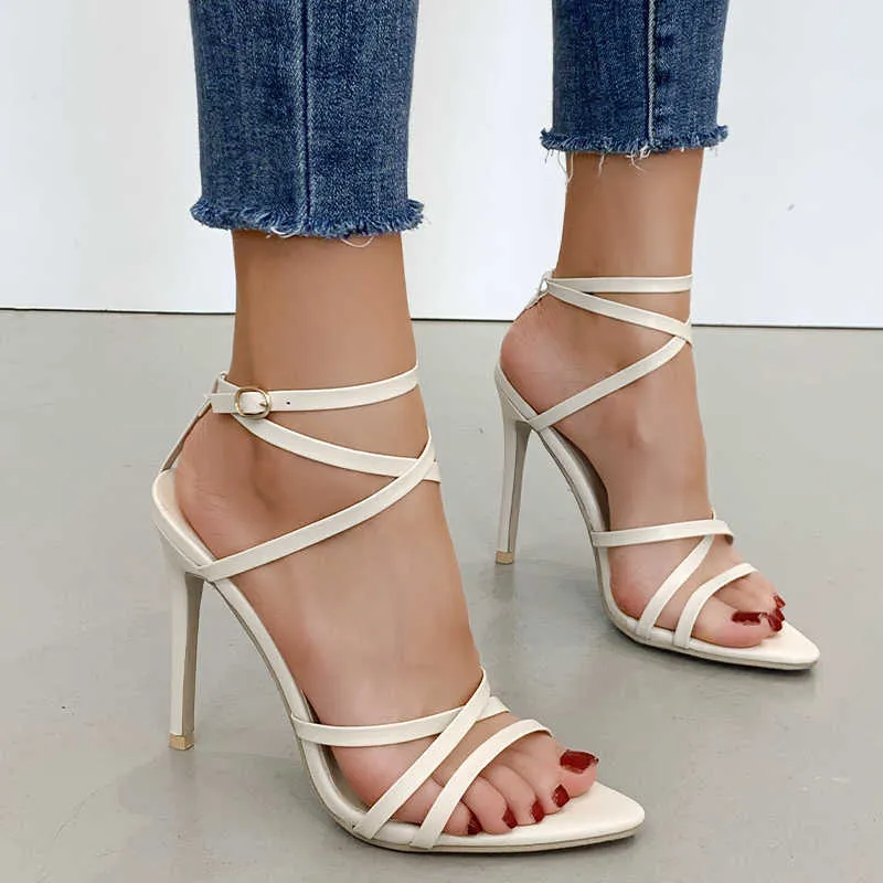 Sandals Super High Heels 11cm Women's Pumps Ankle Cross-strap Sandals Shoes Woman Lady Pointy Open Toe Stiletto High-heeled Party Shoe T230208