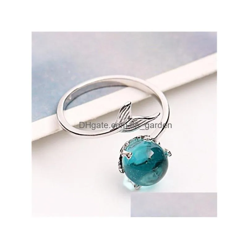 wholesale silver plated mermaid foam ring tik tok the same blue crystal fish tail adjustable ring 