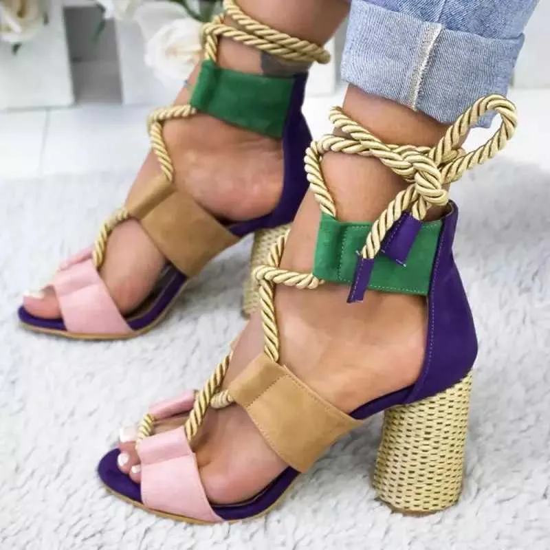 Sandals Women Fashion Pumps Espadrille Ankle Strap Sandals Cross-Tied High Heels Shoes Open Toe Comfortable Thick Heels Slippers T230208