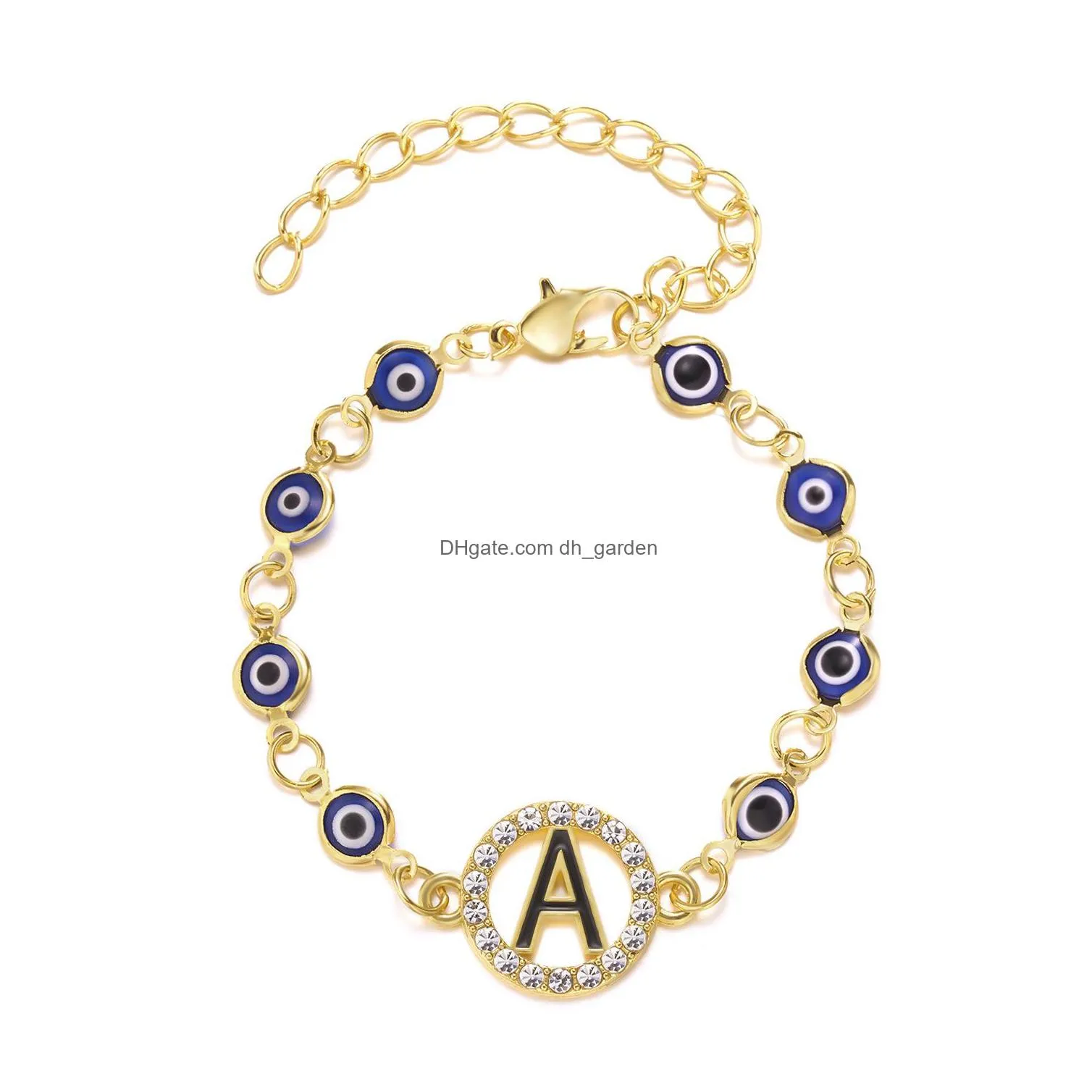 evil eye bracelet personality 26 letters beaded strands rhinestone blue eyes alloy adjustable hand chains wholesale