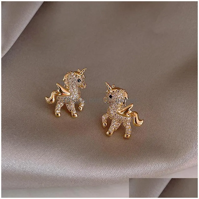 high quality alloy stud full diamond pony wings earrings ear cute owl bird pearl earring for women