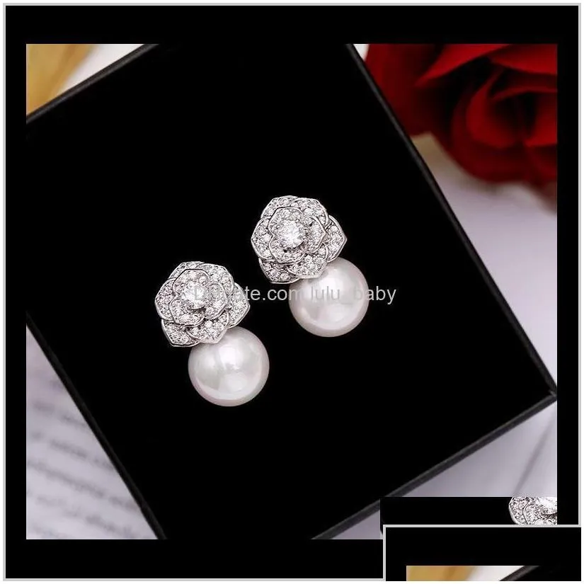 lovely diamond zircon camillia flower pearl earrings for woman girls super glittering ins fashion luxury designer 925 silver post c6st