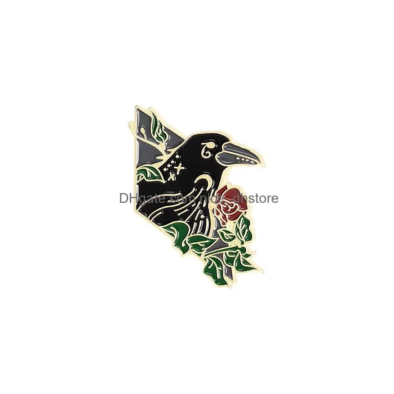 crow raven enamel pin custom bird feather moon flowers brooches bag lapel pin punk badge gothic jewelry gift for friends dark