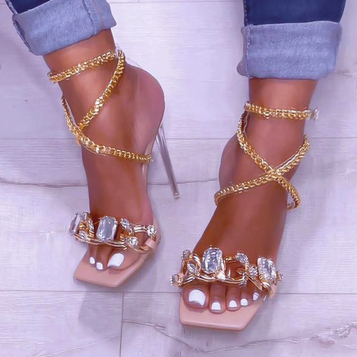 Sandals Gladiator Ladies Shoes Sandals Gold Chain Strappy Bright Diamond PVC Thin Heels Summer Women Zapatos De Mujer Tacon Cross-strap T230208