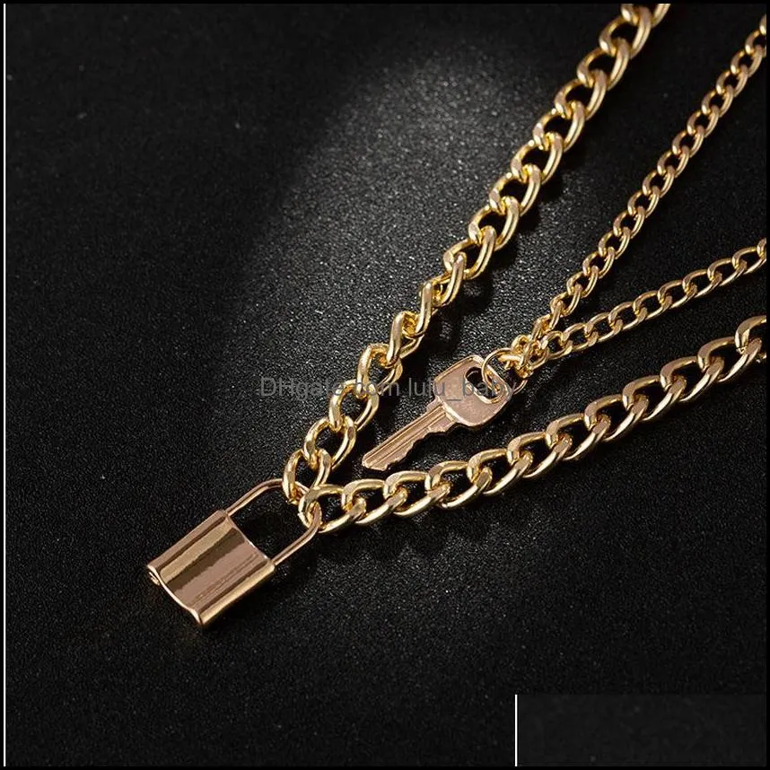 creative fashion geometric element necklace versatile retro multilevel key lock pendant chain necklace women