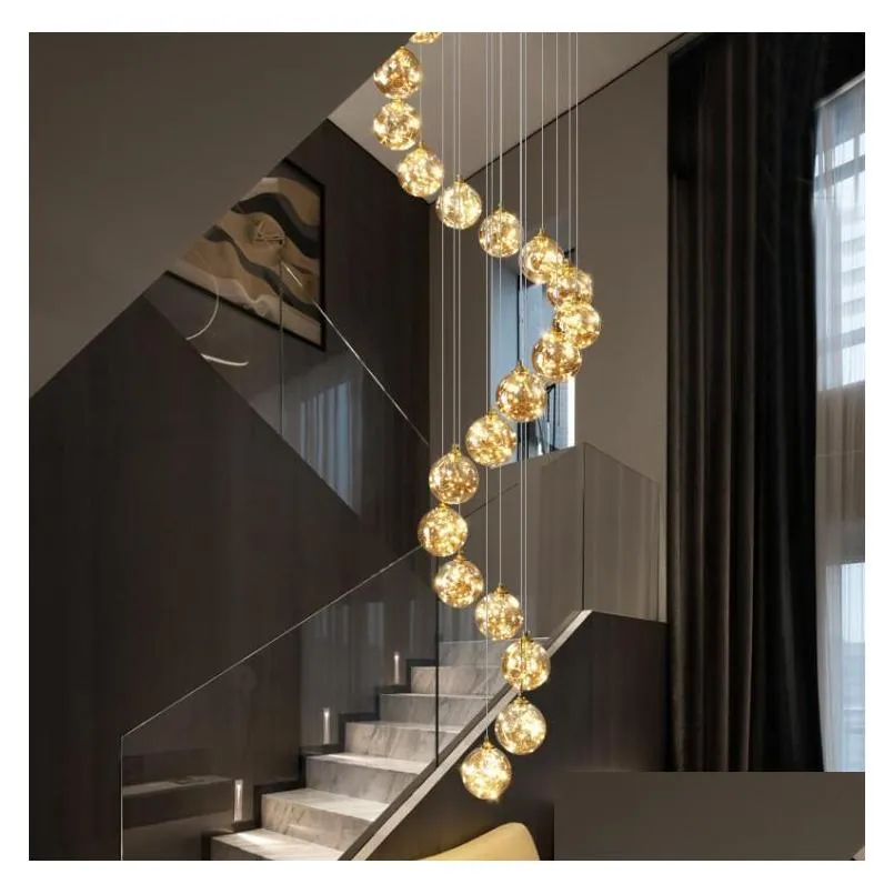 all copper stars staircase long chandelier lamp duplex building modern simple luxury creative villa loft apartment living room
