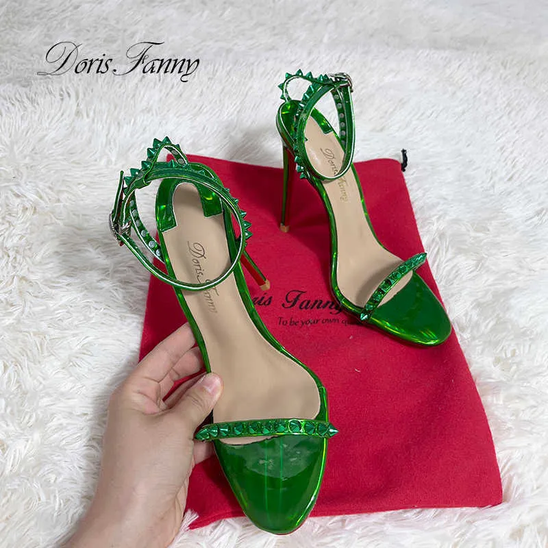 Sandals Doris Fanny Summer Shoes Woman Sandals Green High Heels Women Ankle Strap Sexy Studs Genuine Leather Women Sandals T230208