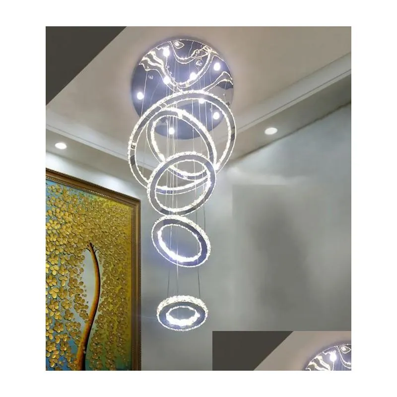 large luxury crystal led chandelier lighting fixture 5 rings circle led crystal pendant hanging lamp stair hall dimming lustres