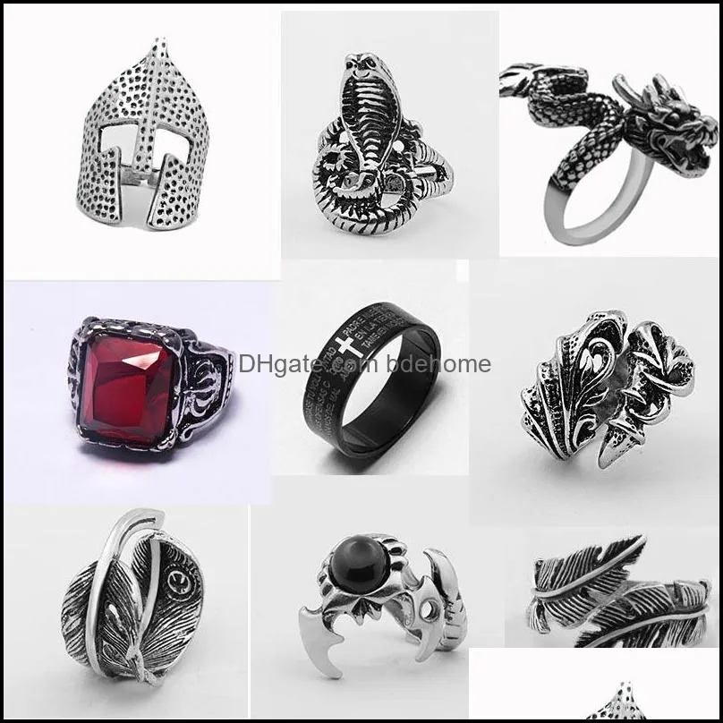 punk gothic retro male open ring skull dragon compass angel demon animals vintage silver color ring men jewelry