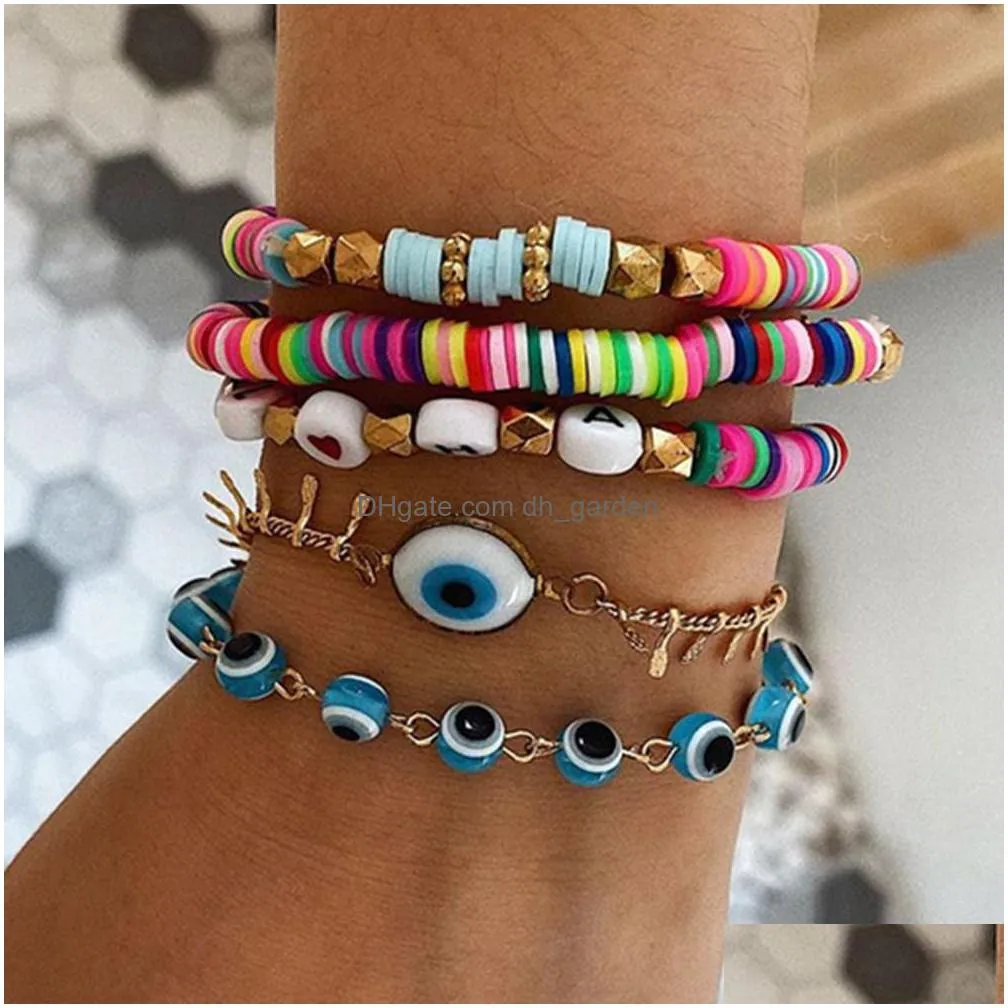 hot selling bohemian beaded strands soft pottery rainbow devil eye bracelet set european and american beach style