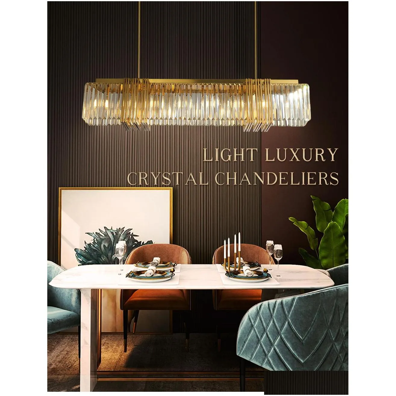modern rectangle crystal chandelier luxury cristal hanging lights for dining room home brushed gold kitchen island led luminaire