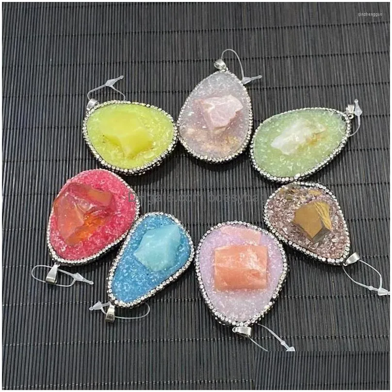 charms natural stone crystal pendant inlaid rhinestones purple blue yellow resin charm jewelry necklace making