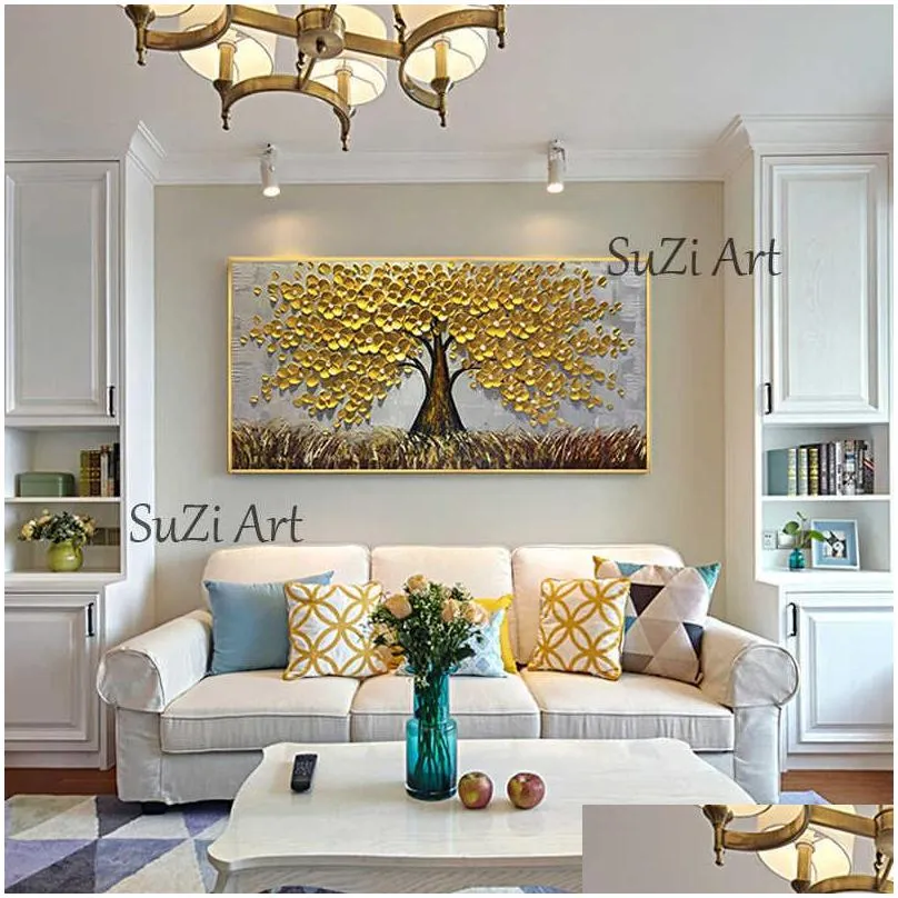 100 handmade large gold money tree painting modern landscape oil painting on canvas wall art picture for home office decor 210927