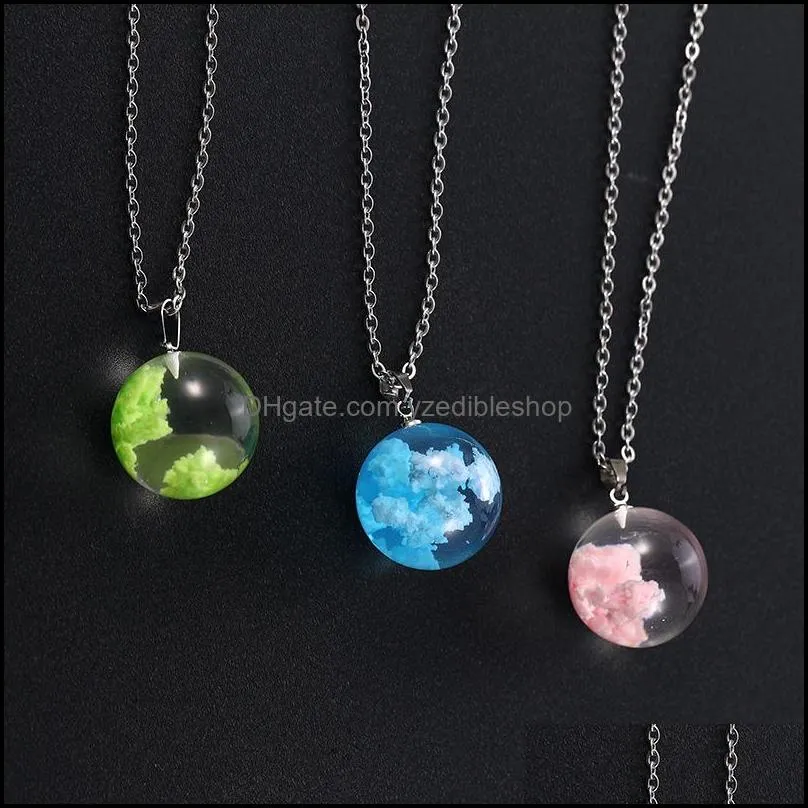 creative handmade blue sky white cloud moon pendant necklace women resin ball stainless steel pendant necklace transparent jewelry