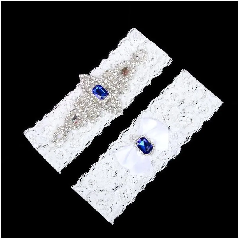 bridal garters blue crystal beads bow 2pcs set white lace for brides wedding leg plus size