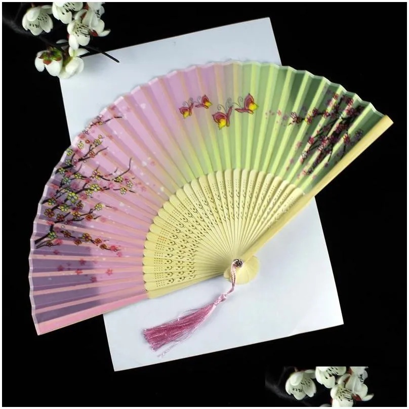 mix color chinese style silk hand fans weddings printed flower butterfly wooden handle wedding dancing props with tassels