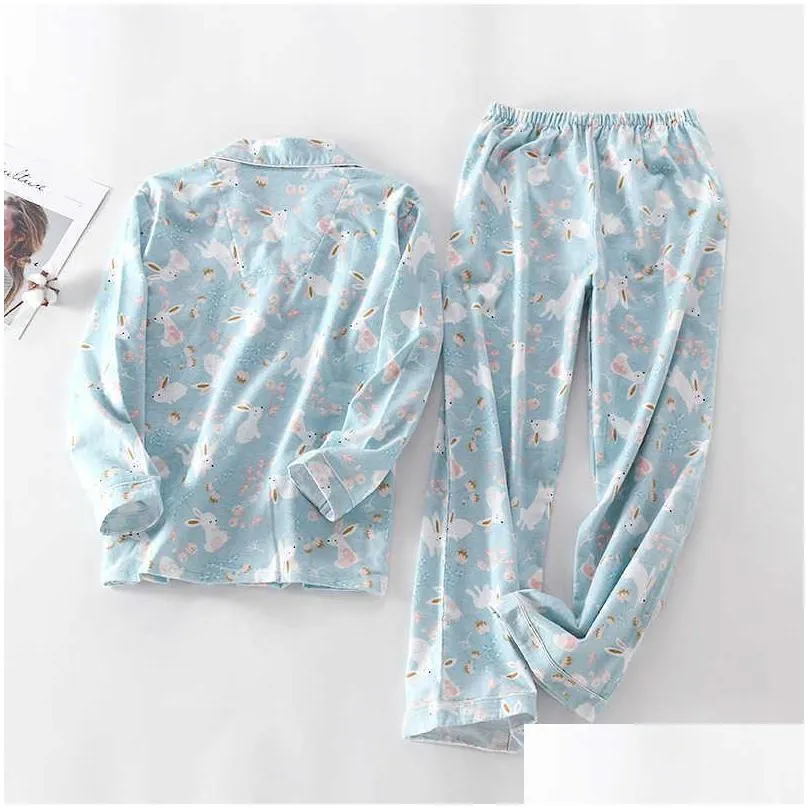 pure cotton pajamas set women pyjama cartoon bunny print female winter sleepwear warm sexy homewear long shirt pants 2 piece/set