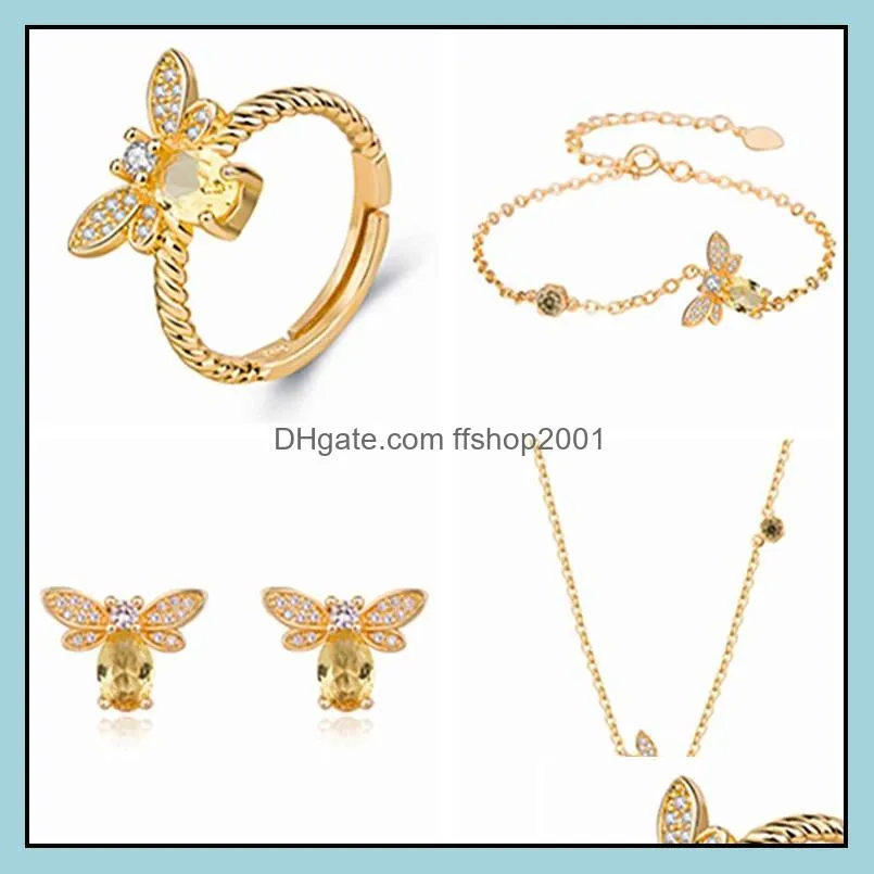 exquisite and fashionable natural citrine peridot microset small bee set decoration ladies jewelry set beeshaped cubic zirconia