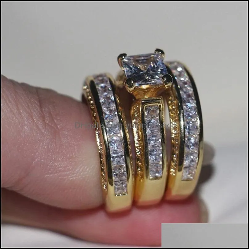 shining zircon square cut crystal wedding ring set for women men champagne fashion stackable slive gold engagement jewelry accessories