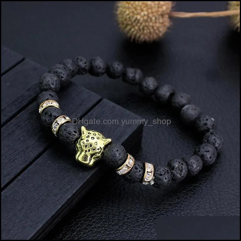 handmade 8mm natural stone leopard beads bracelet for women men healing lava stone elastic bracelet fashion jewelry gift