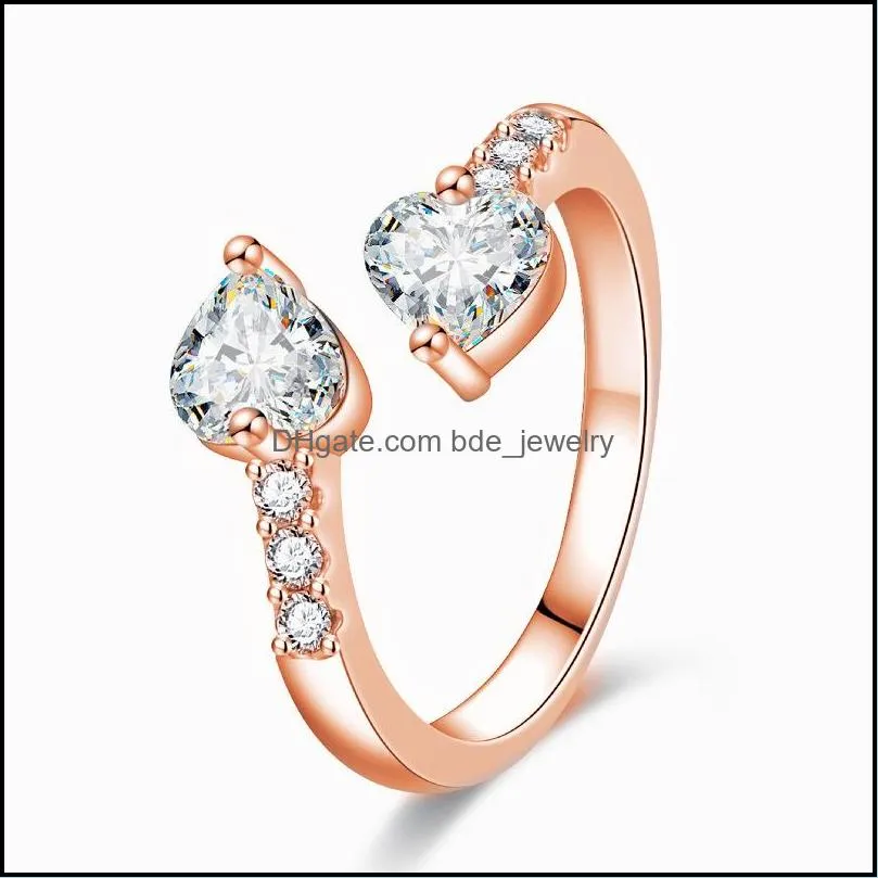 double heart adjustable rings for women double heart zircon 3 color open finger ring proposal wedding gift fashion jewelry