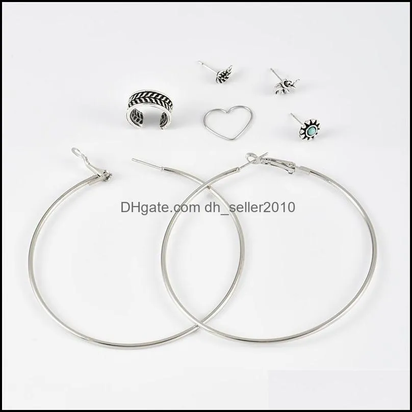 7 pcs/set vintage silver turquoise stud earrings circle earrings set big hoop dangle earring for women round earring fashion jewelry